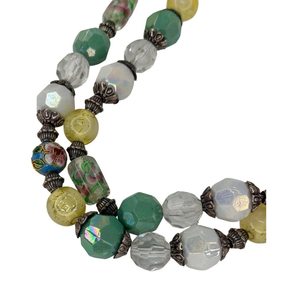 Vintage 1980s 48” Long Beaded Necklace Wrap Style Art Glass Silvertone - Picture 4 of 9